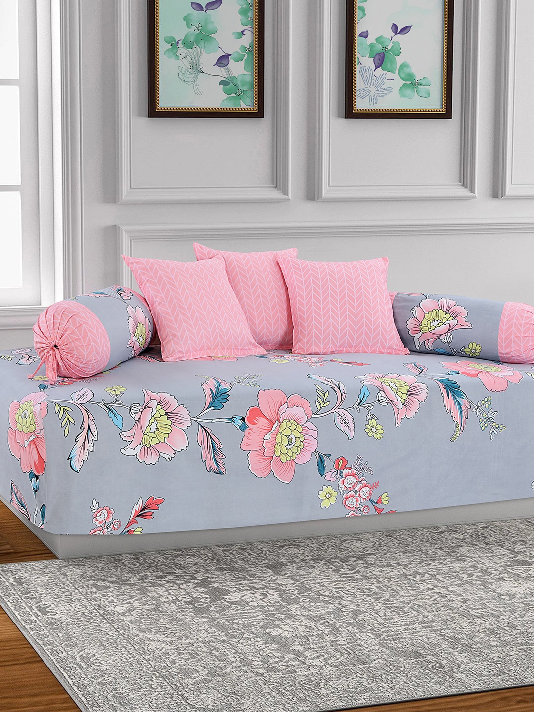 

Salona Bichona Set Of 6 Grey & Pink Floral Printed Diwan Set