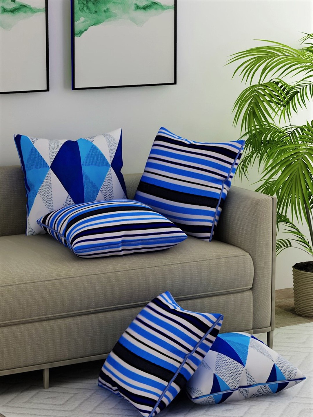 

Salona Bichona Blue & White Set of 5 Striped Satin Square Cushion Covers