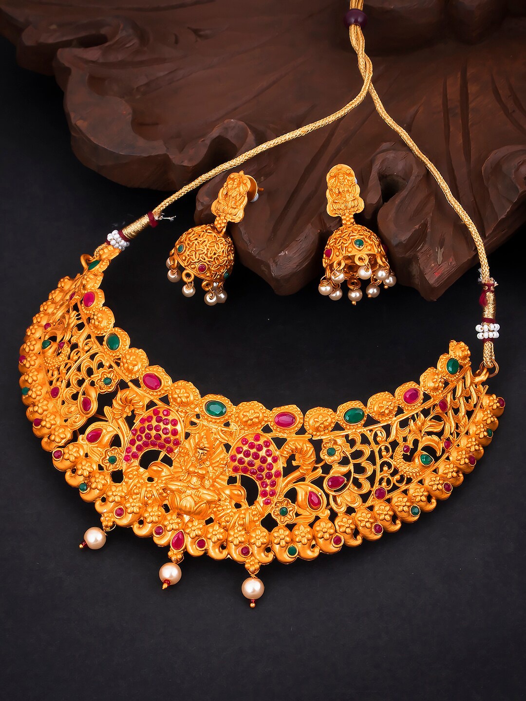 

Sukkhi Gold-Plated Pink & Green Stone-Studded Temple Choker Jewellery Set