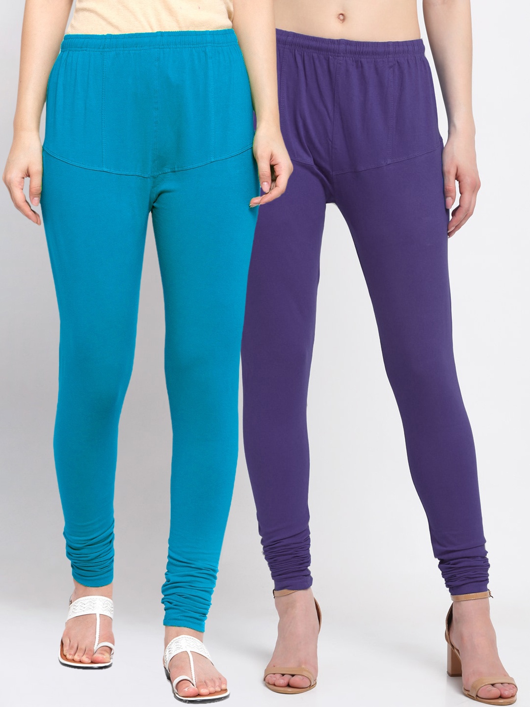 

KLOTTHE Women Pack Of 2 Blue Solid Churidar-Length Cotton Leggings