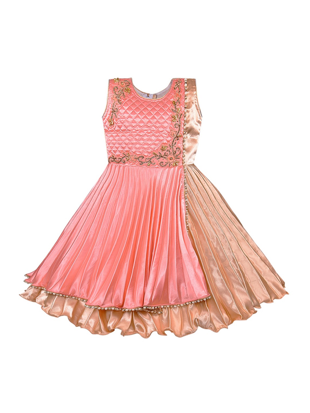 

Wish Karo Girls Peach Coloured Embellished Pleated Dress