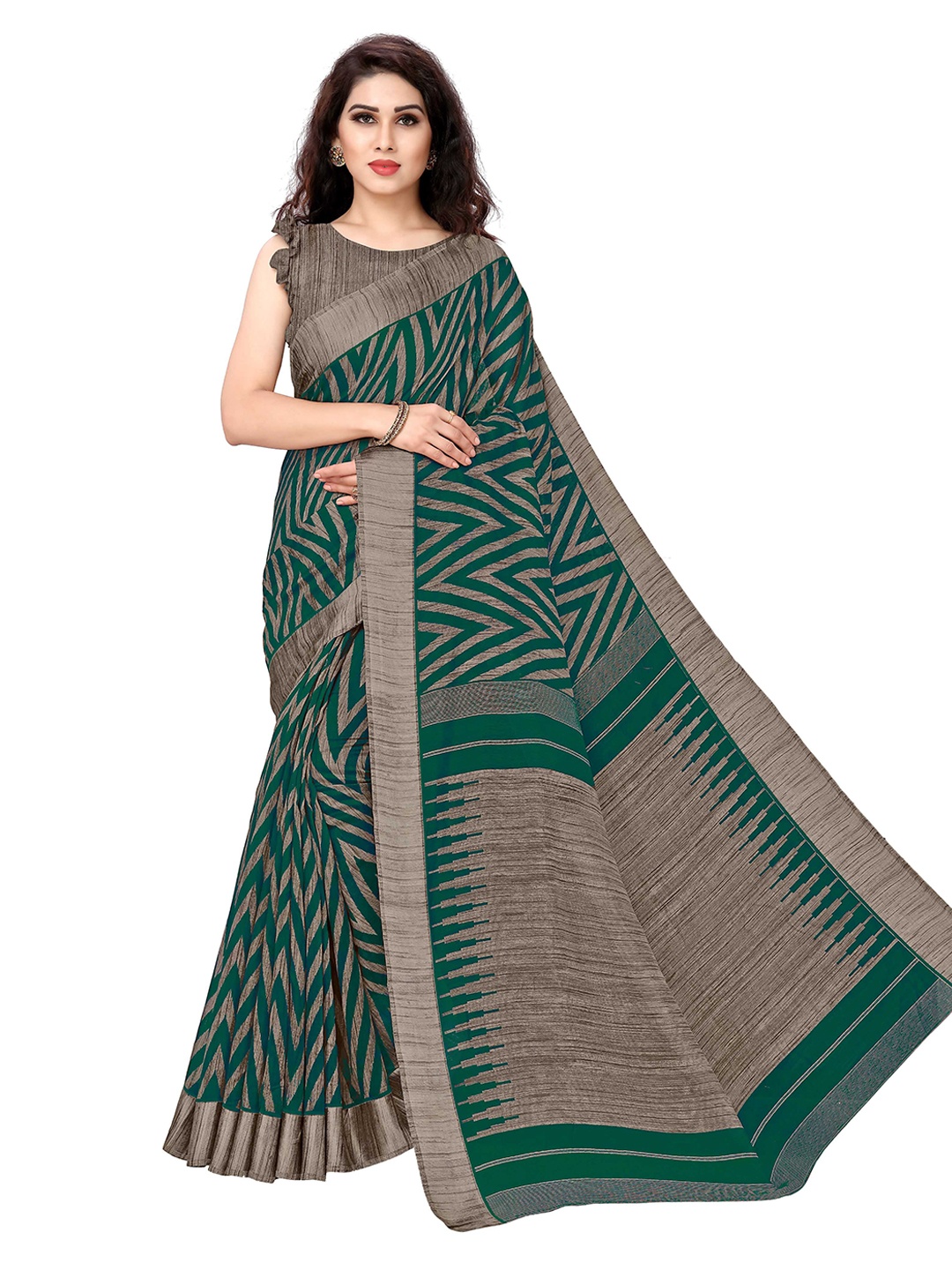 

KALINI Green & Beige Polycotton Leheriya Saree