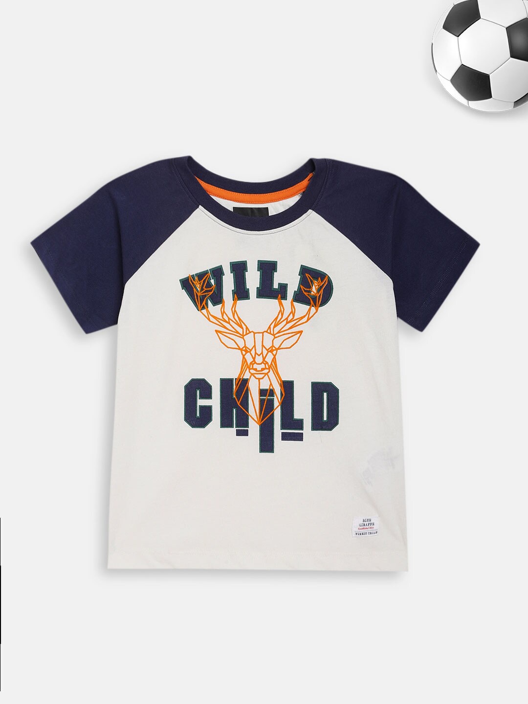 

Blue Giraffe Boys Off White & Navy Blue Typography Printed T-shirt