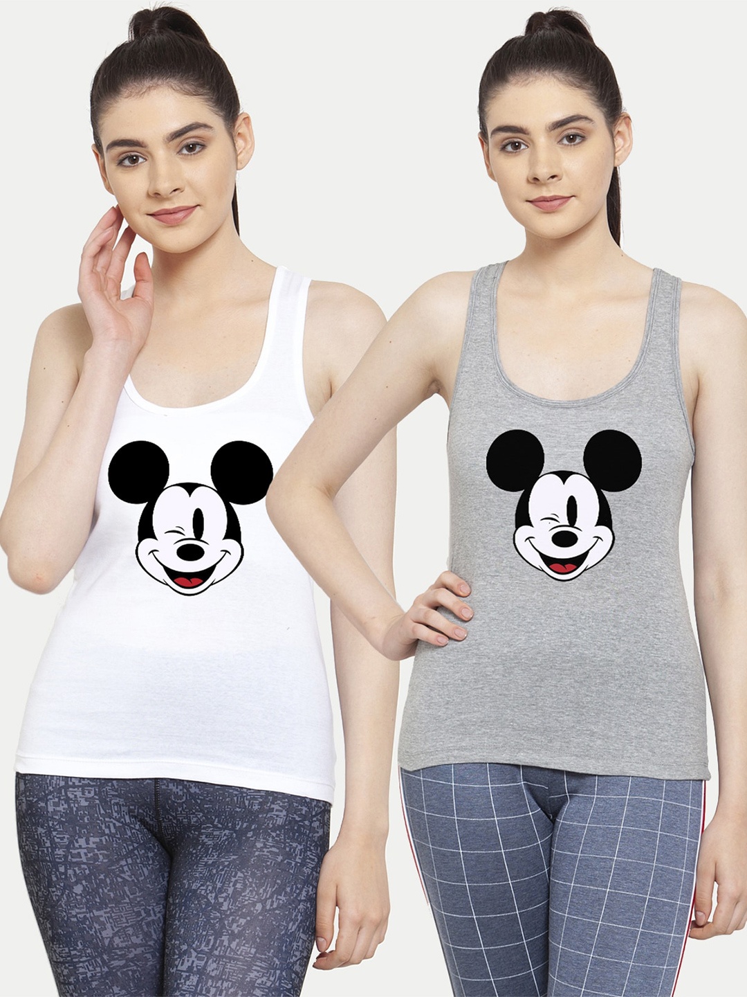 

Friskers Pack Of 2 White & Grey Mickey Mouse Printed Tank Tops