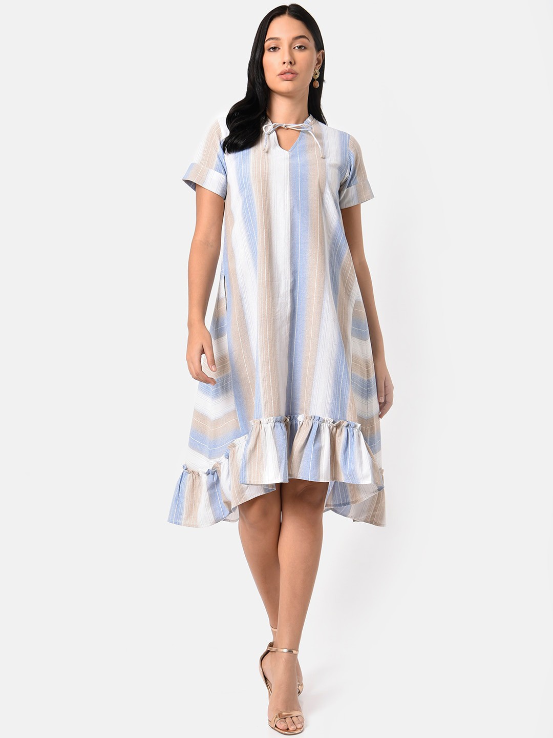 

Saaki Women Blue & Beige Striped Tie-Up Neck A-Line Dress