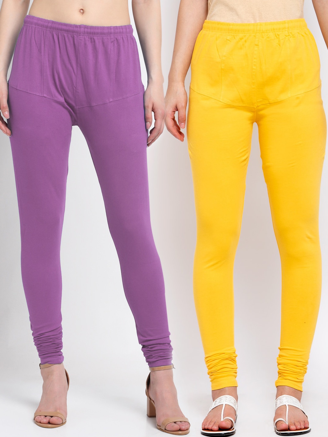 

KLOTTHE Women Pack Of 2 Lavender & Yellow Solid Cotton Churidar-Length Leggings