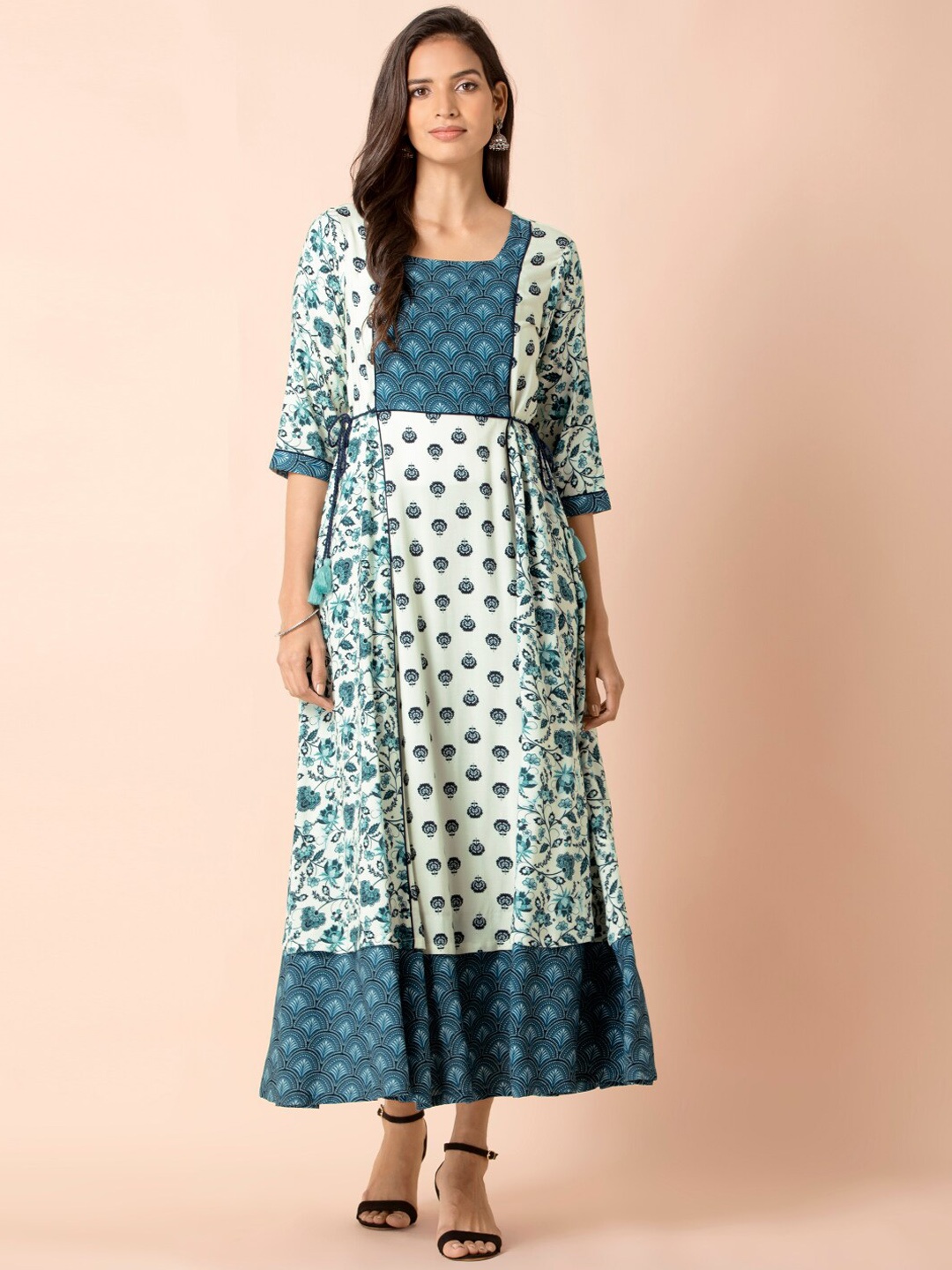 

INDYA Women White & Turquoise Blue Ethnic Motifs Maxi Dress