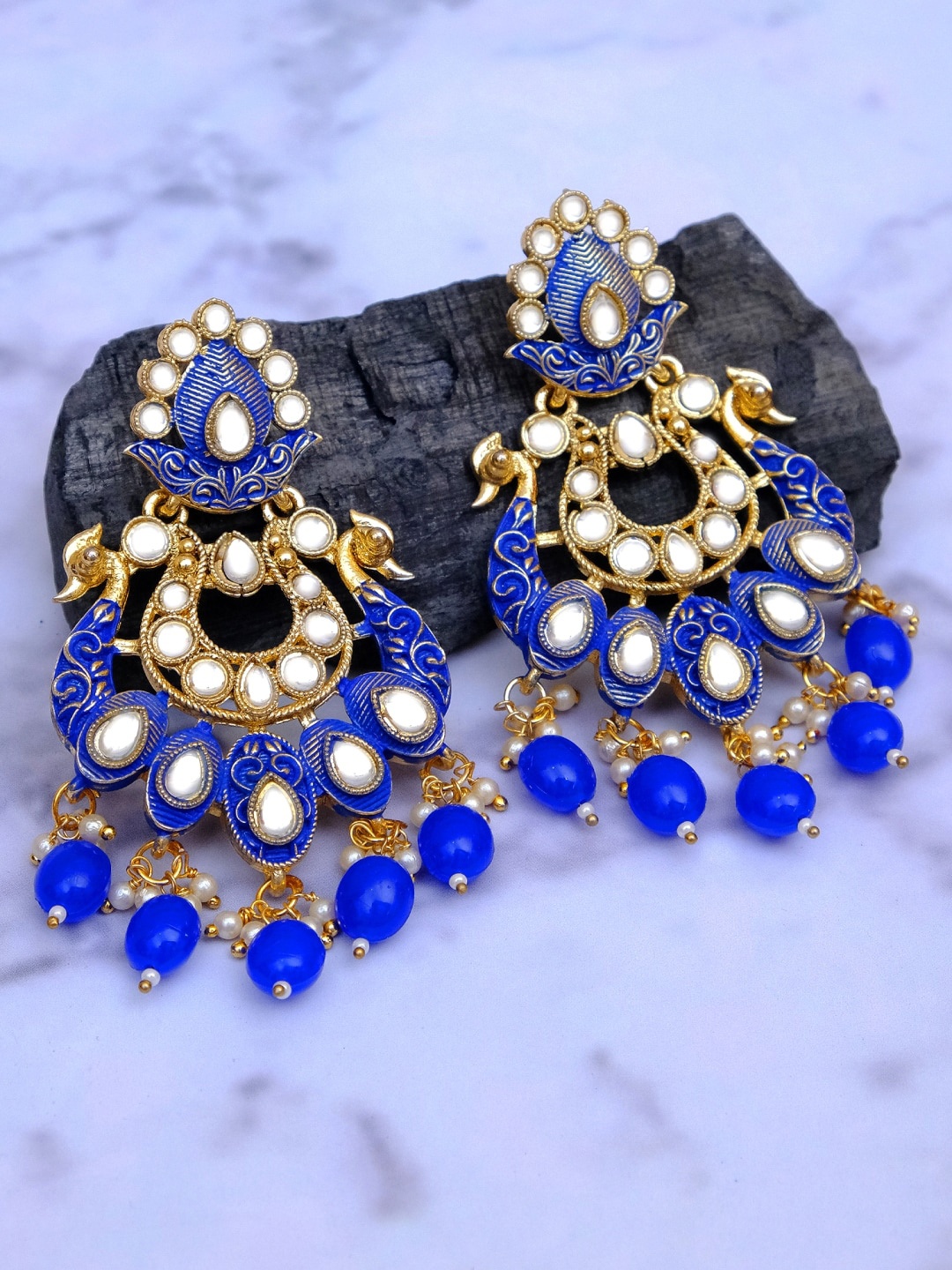 

Crunchy Fashion Gold-Plated & Blue Peacock Design, Hand-Painted Earrings