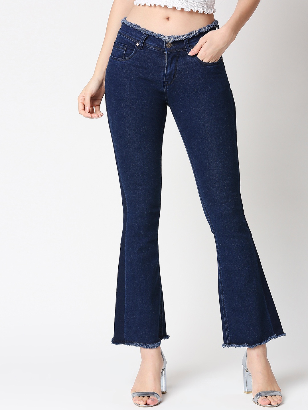 

High Star Women Blue Bootcut Frayed Hems Stretchable Jeans