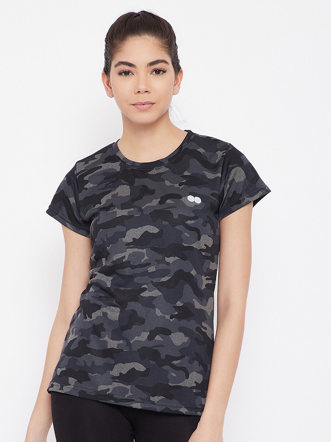 

Clovia Women Camouflage Print Comfort Fit Active T-shirt, Grey