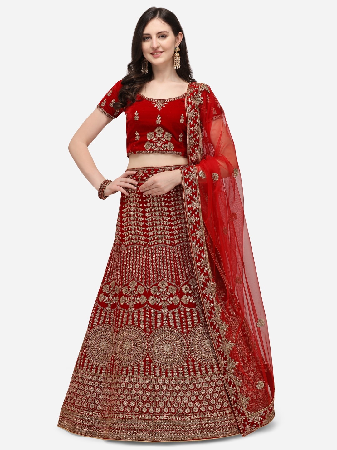 

VRSALES Red & Gold-Toned Embroidered Semi-Stitched Lehenga & Unstitched Blouse With Dupatta