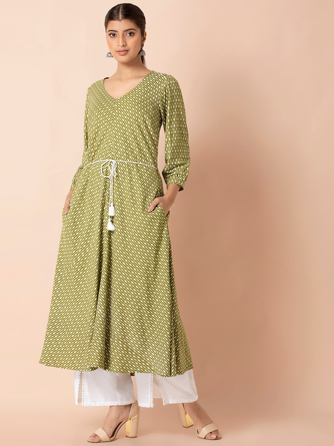 

INDYA Olive & White Striped A-Line Tunic and Palazzo Pants Set