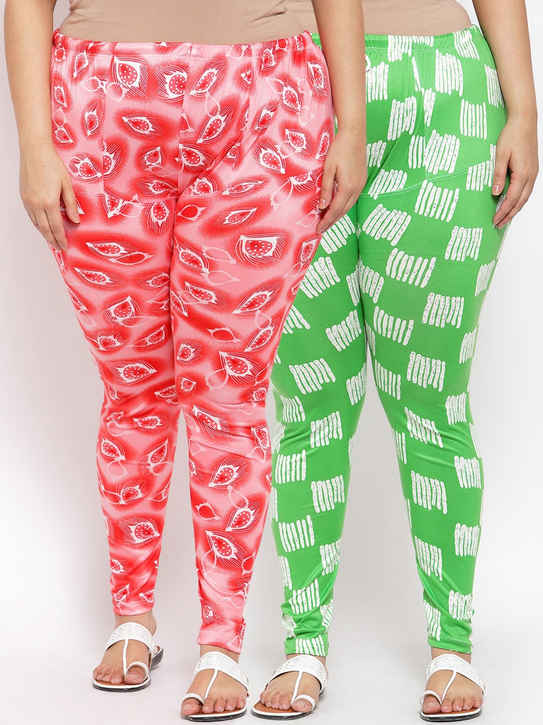 

KLOTTHE Women Pack Of 2 Green & Pink Printed Plus Size Ankle-Length Leggings