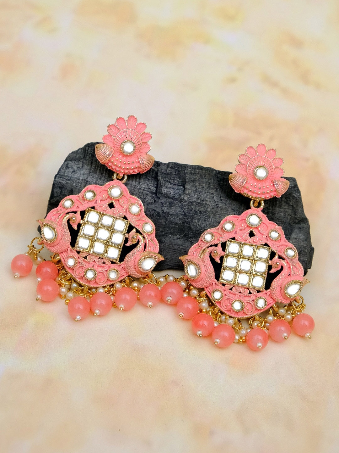 

Crunchy Fashion Gold-Plated & Peach-Coloured Contemporary Drop Earrings