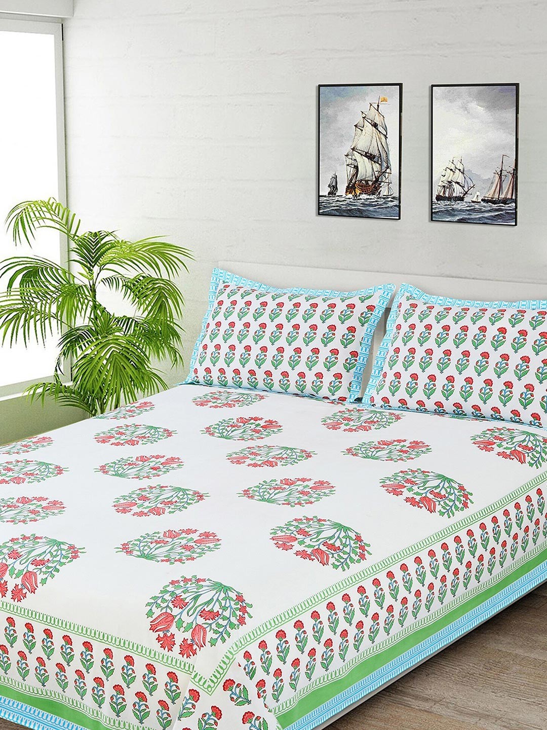 Salona Bichona White & Blue Ethnic Motifs 144 TC Queen Bedsheet with 2 Pillow Covers