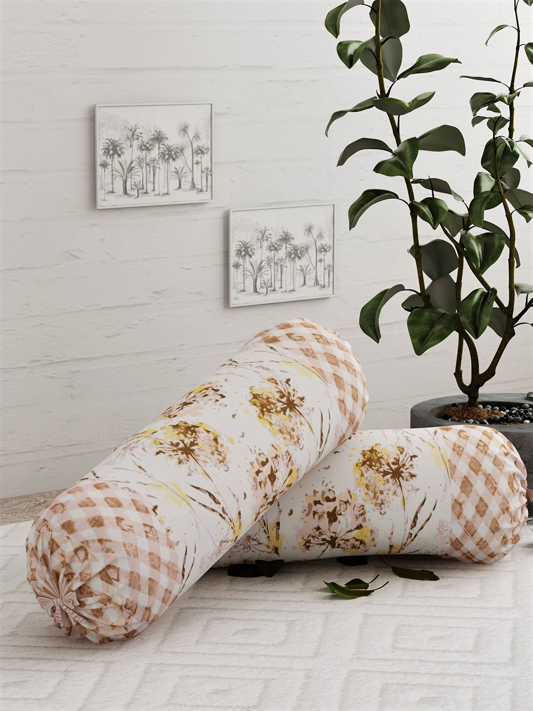 

Salona Bichona Set Of 2 White & Beige Floral Printed 104 TC Pure Cotton Bolster Covers
