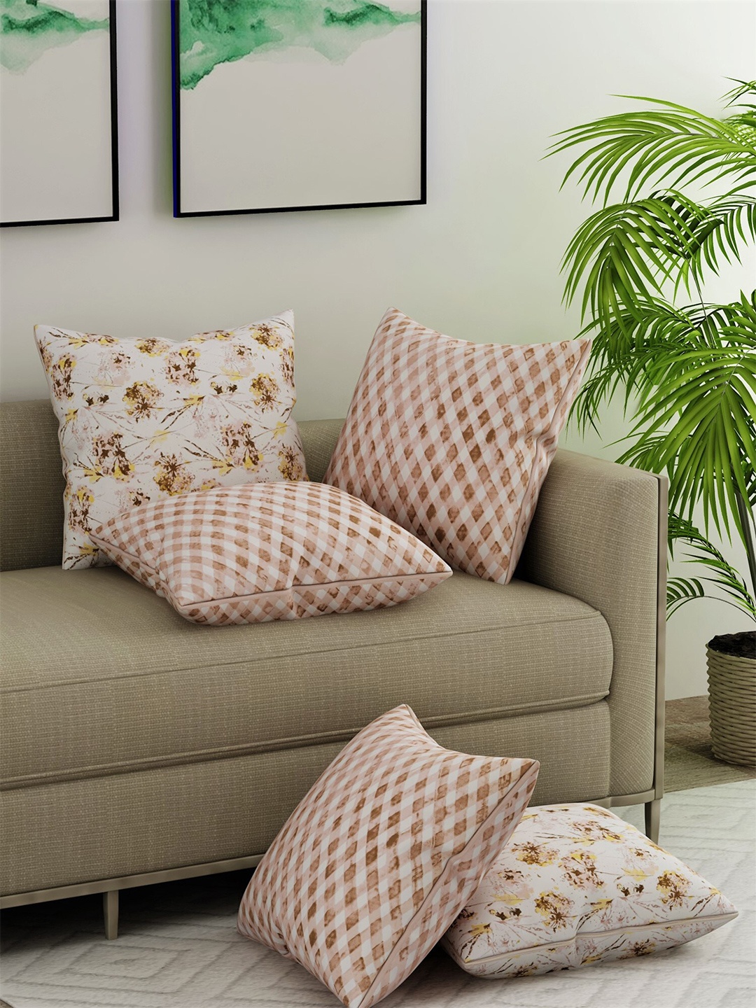 

Salona Bichona Beige & White Set of 5 Abstract Satin Square Cushion Covers