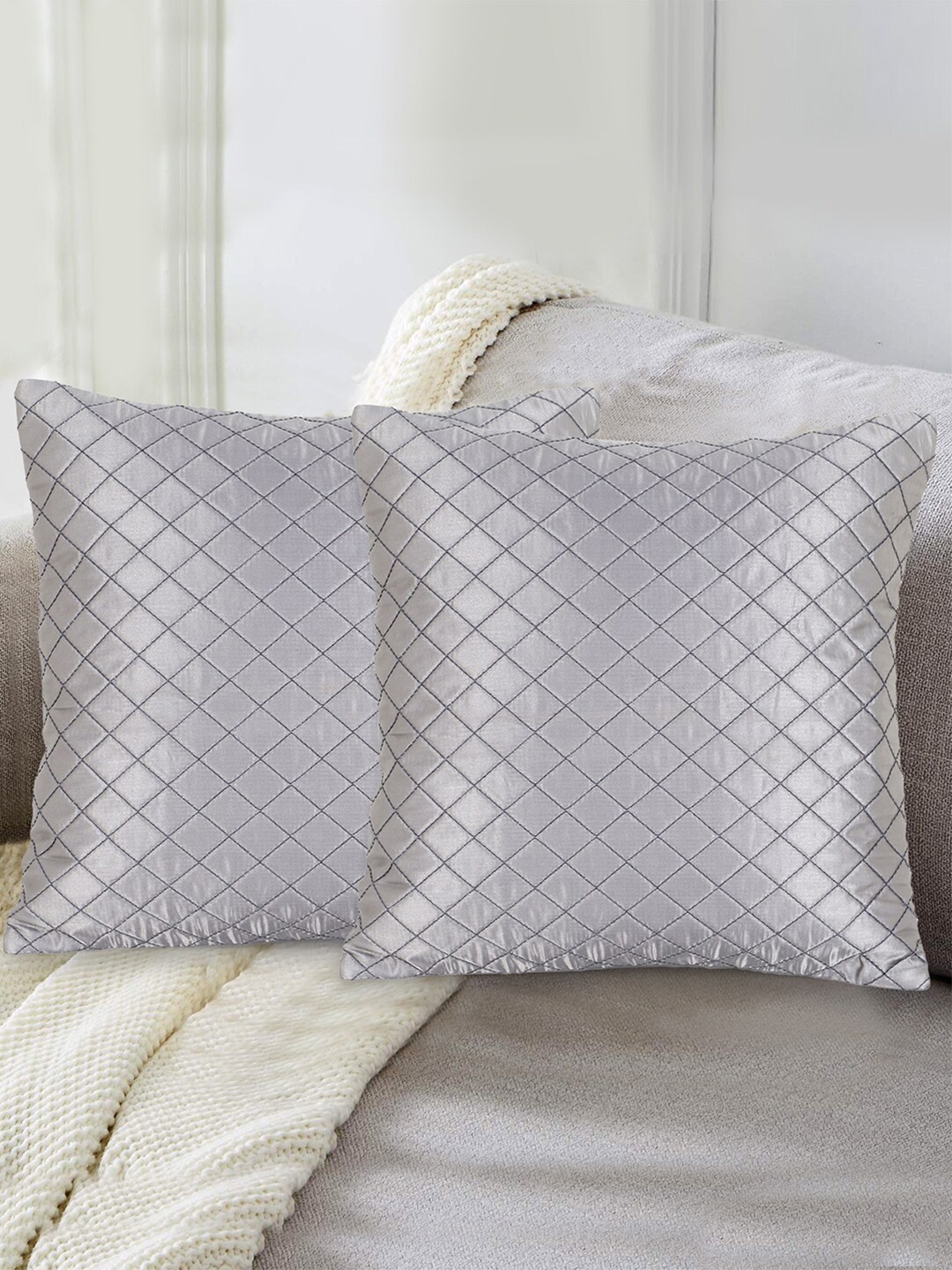 

Mezposh Grey Set of 2 Checked Satin Square Cushion Covers
