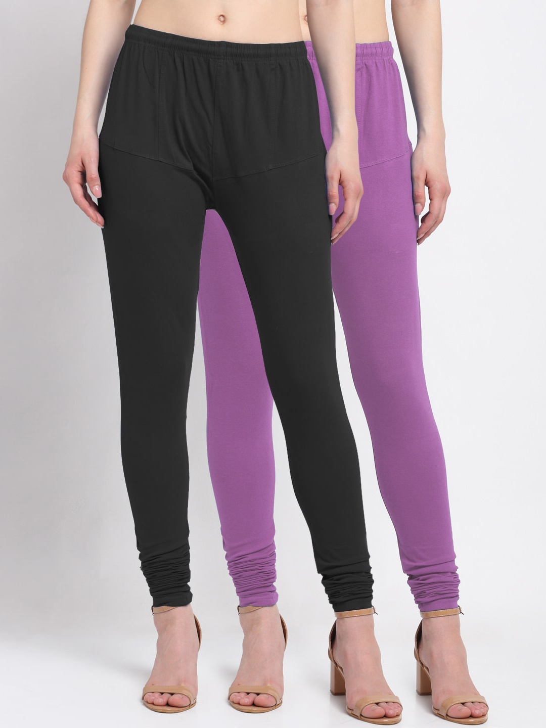 

KLOTTHE Women Pack Of 2 Solid Black & Purple Cotton Churidar-Length Leggings