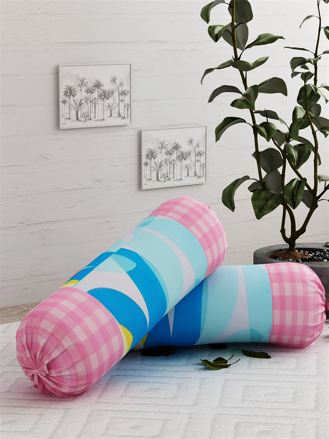 

Salona Bichona Set Of 2 Pink & Blue Printed Pure Cotton 210 TC Bolster Covers