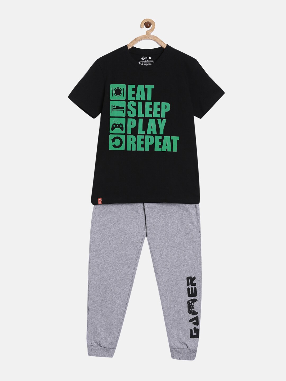 

3PIN Boys Black & Grey Melange Printed Cotton T-shirt with Pyjamas