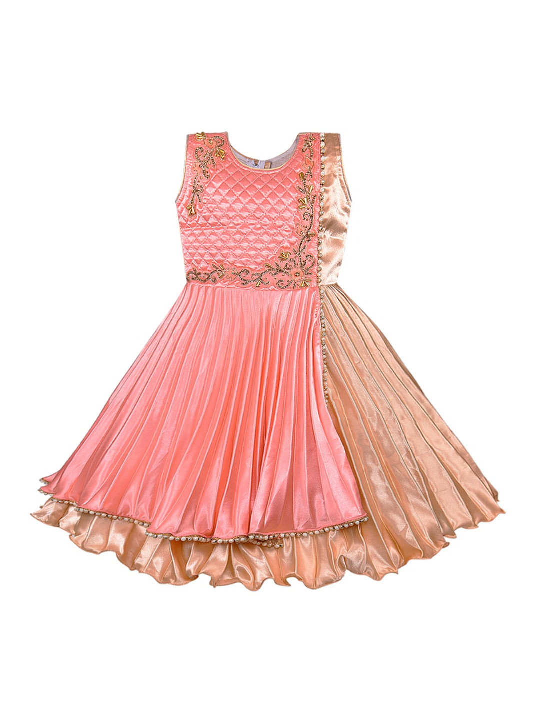 

Wish Karo Girls Peach-Coloured & Gold-Toned Pleated Satin Maxi Dress