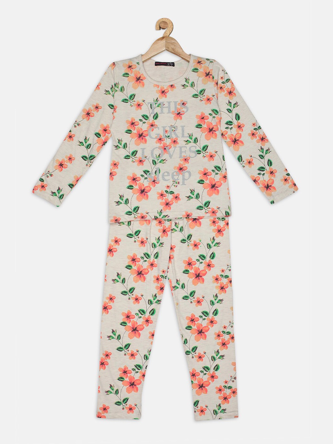 

Nins Moda Girls Cream-Coloured & Green Floral Printed Night suit