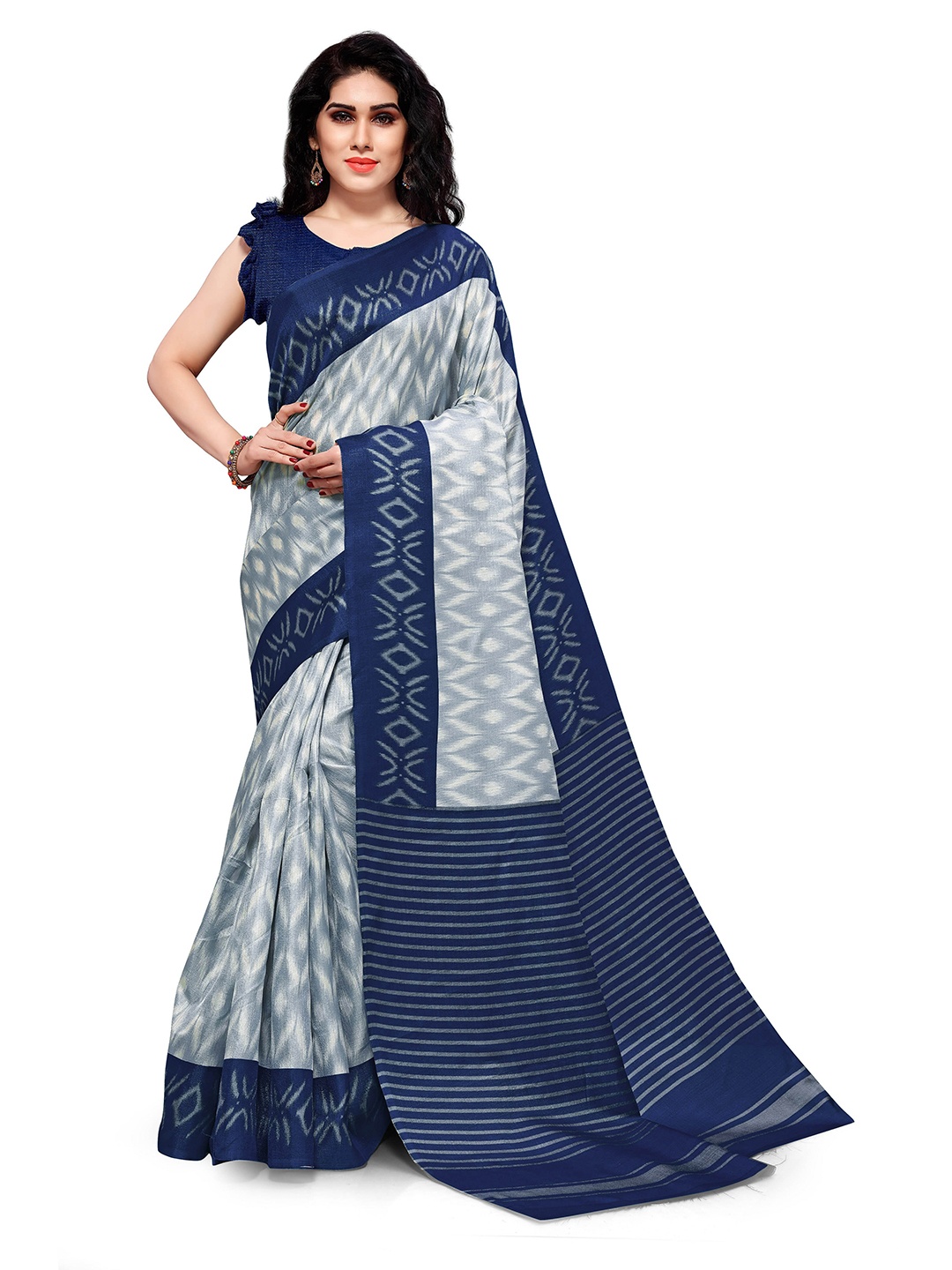 

KALINI Off White & Navy Blue Ethnic Motifs Art Silk Ikat Saree