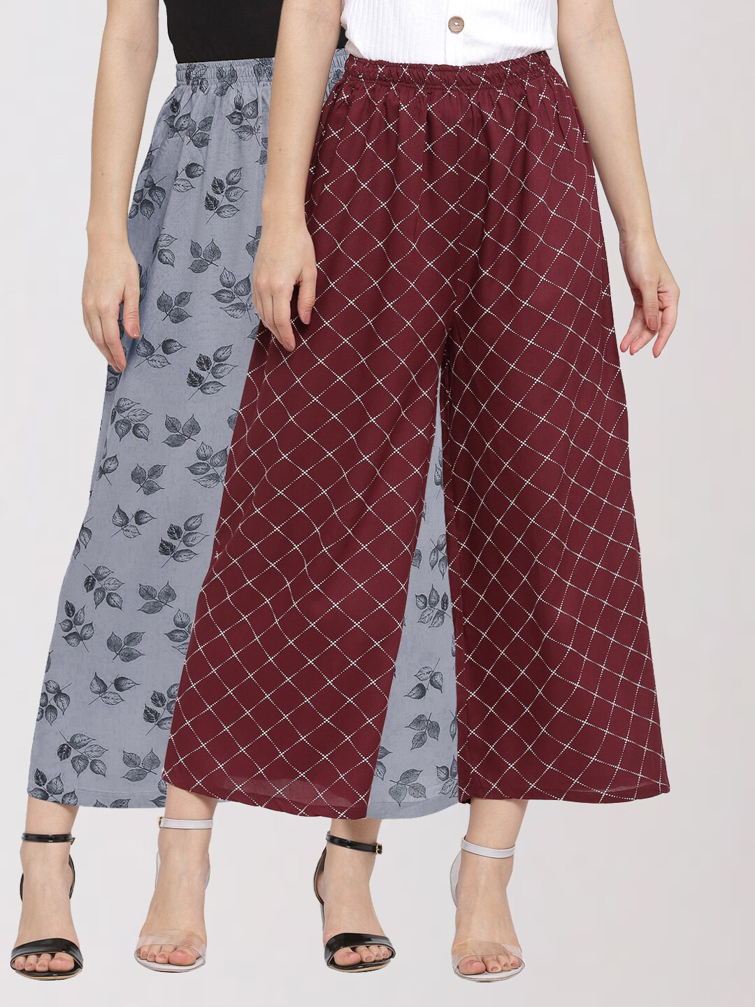

KLOTTHE Women Grey & Brown 2 Floral Printed Palazzos