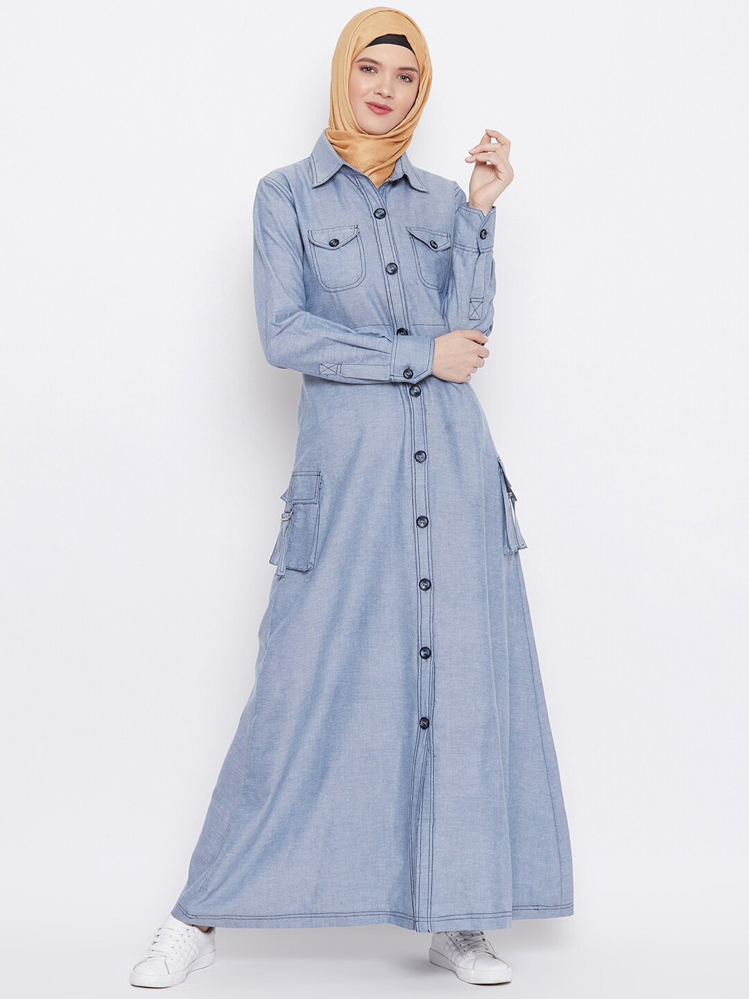 

MOMIN LIBAS Blue Chambray Front Open Abaya Burqa
