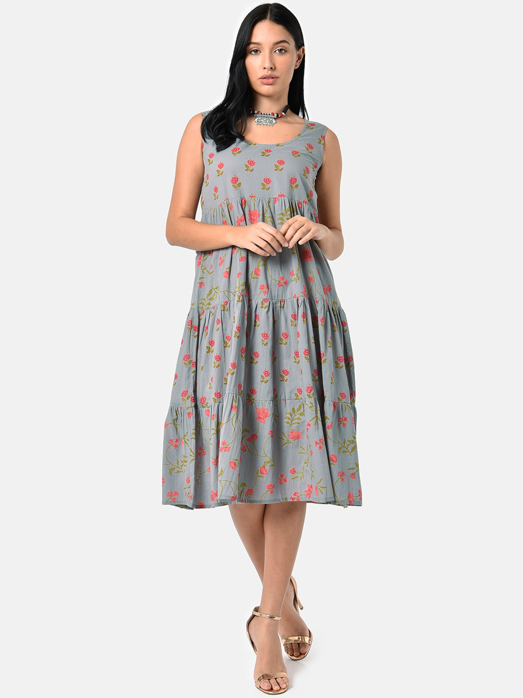 

Saaki Grey Floral A-Line Midi Dress