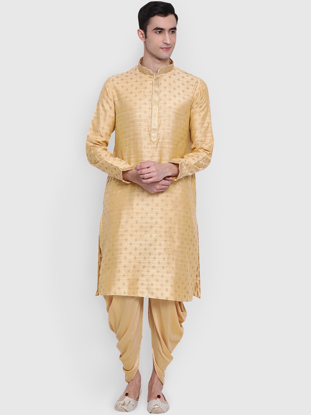 

Sanwara Men Gold Ethnic Motifs Embroidered Kurta with Dhoti Pants