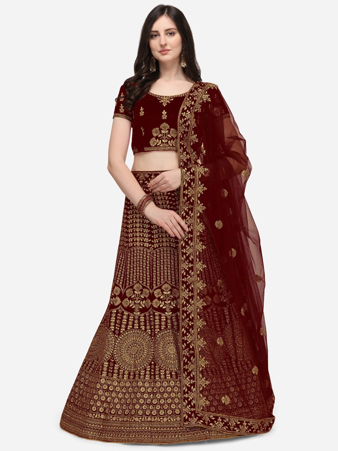 

VRSALES Maroon & Gold-Toned Embellished Ready to Wear Lehenga & Unstitched Blouse With Dupatta