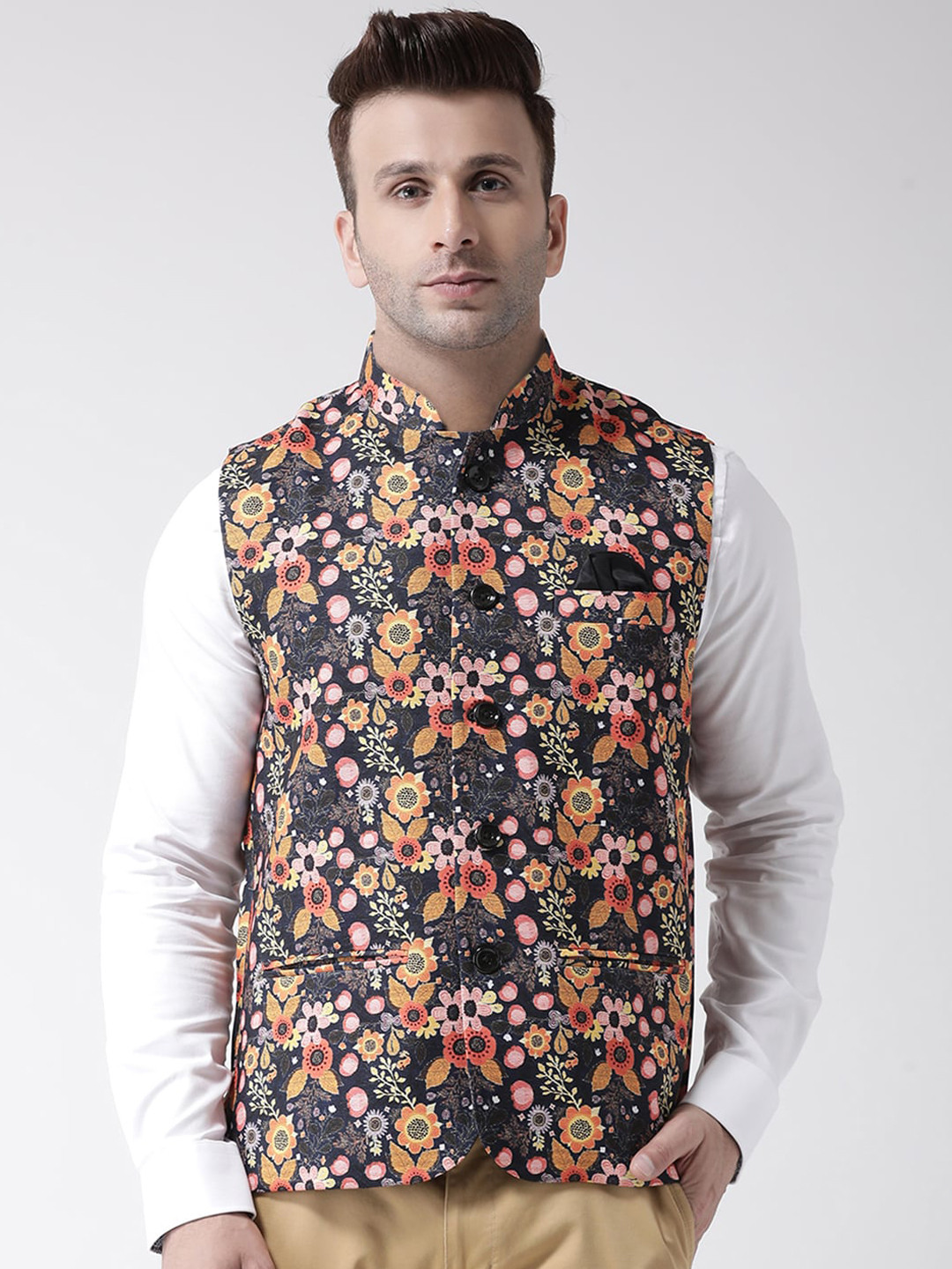 

Hangup Men Black & Orange Printed Woven Nehru Jacket