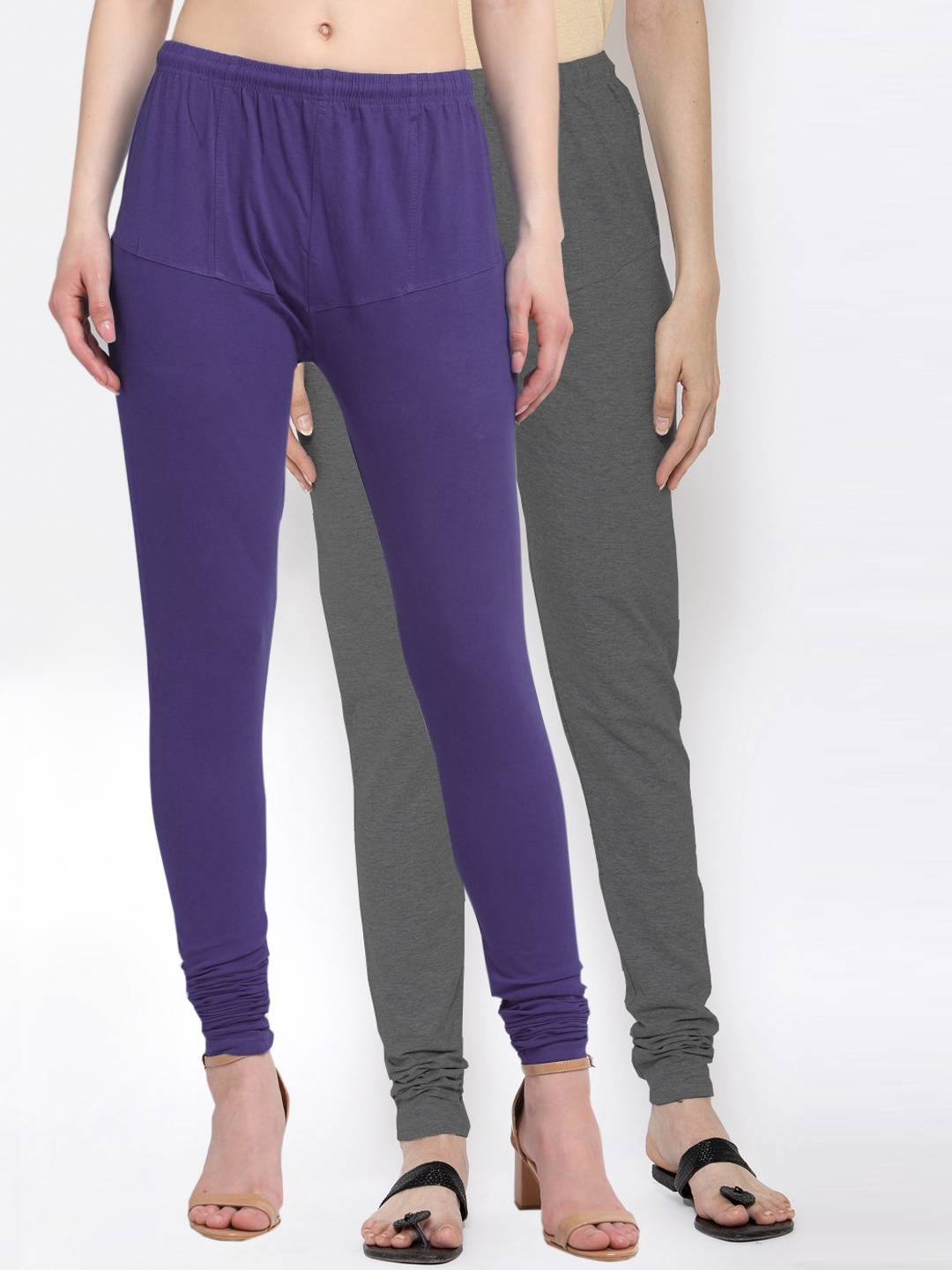 

KLOTTHE Women Pack Of 2 Purple & Grey Solid Cotton Churidar-Length Leggings