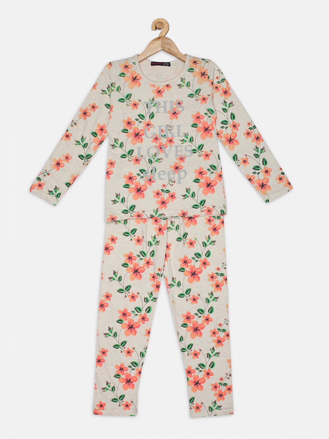 

Nins Moda Girls Cream-Coloured & Orange Printed Night suit