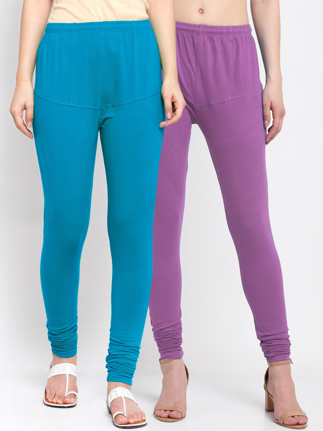 

KLOTTHE Women Pack Of 2 Purple & Blue Solid Cotton Churidar-Length Leggings