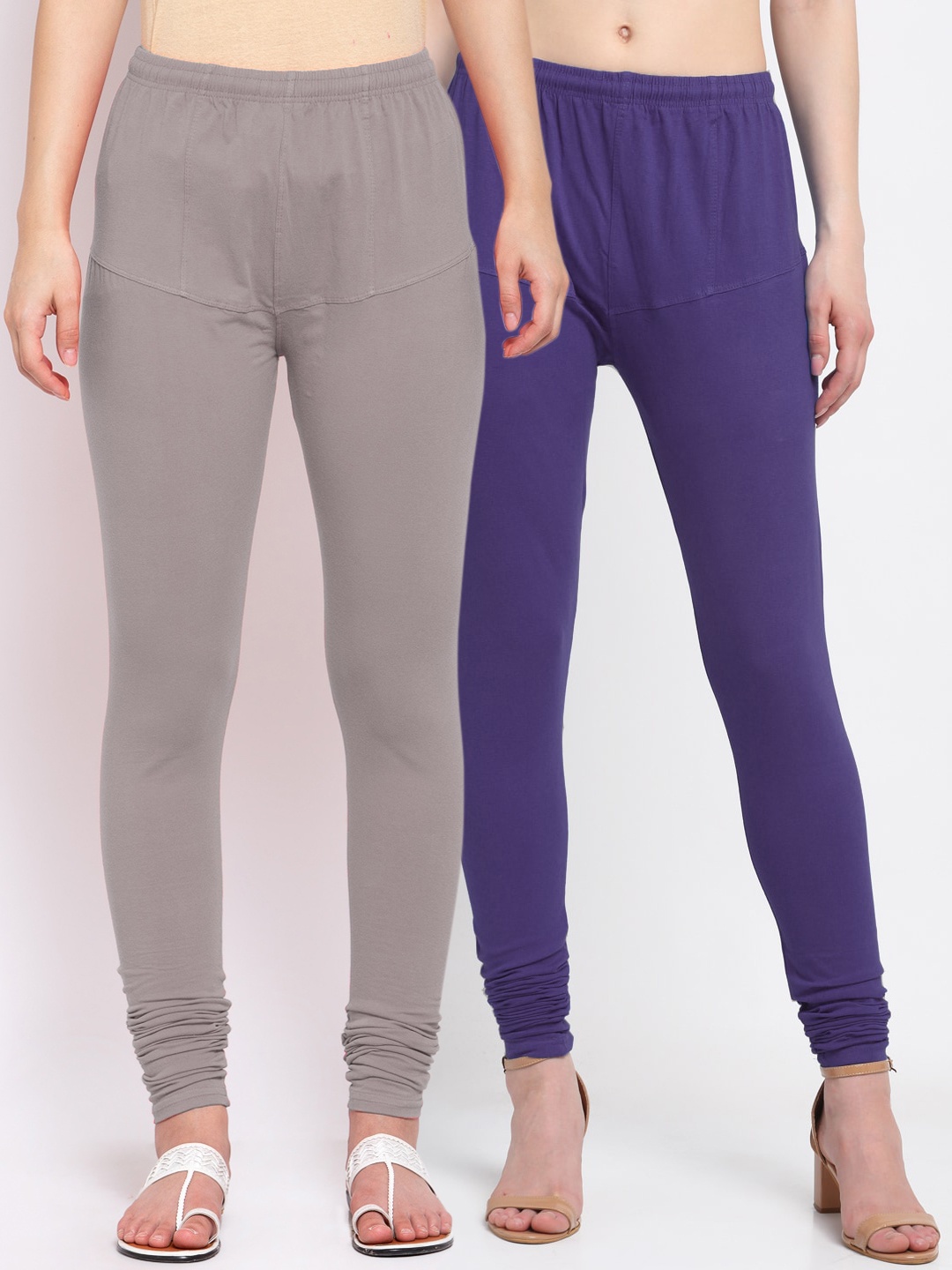 

KLOTTHE Women Pack Of 2 Blue & Grey Solid Churidar-Length Cotton Leggings