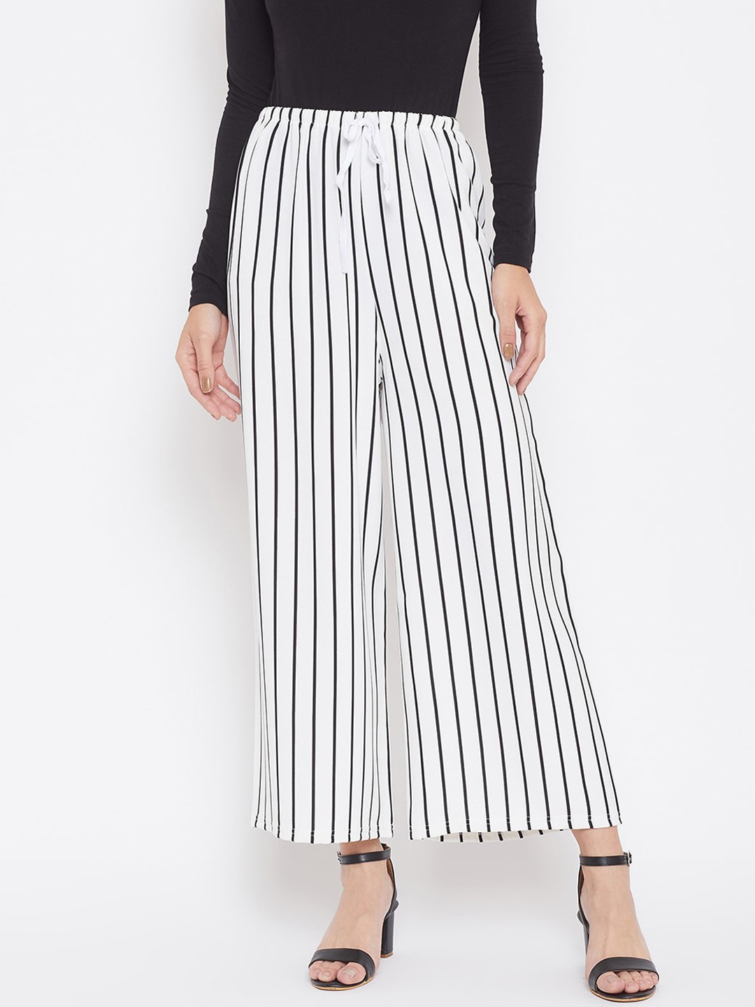 Crimsoune Club Women White Striped Loose Fit Parallel Trousers
