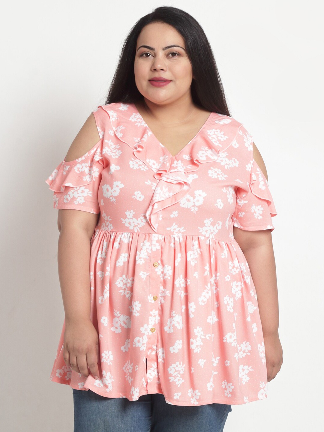 

sindrellastorie Peach-Coloured & White Floral Ruffles Cotton Empire Top