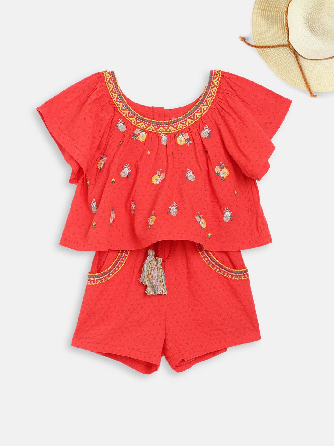 

Blue Giraffe Girls Red & Yellow with Embroidered Jumpsuit