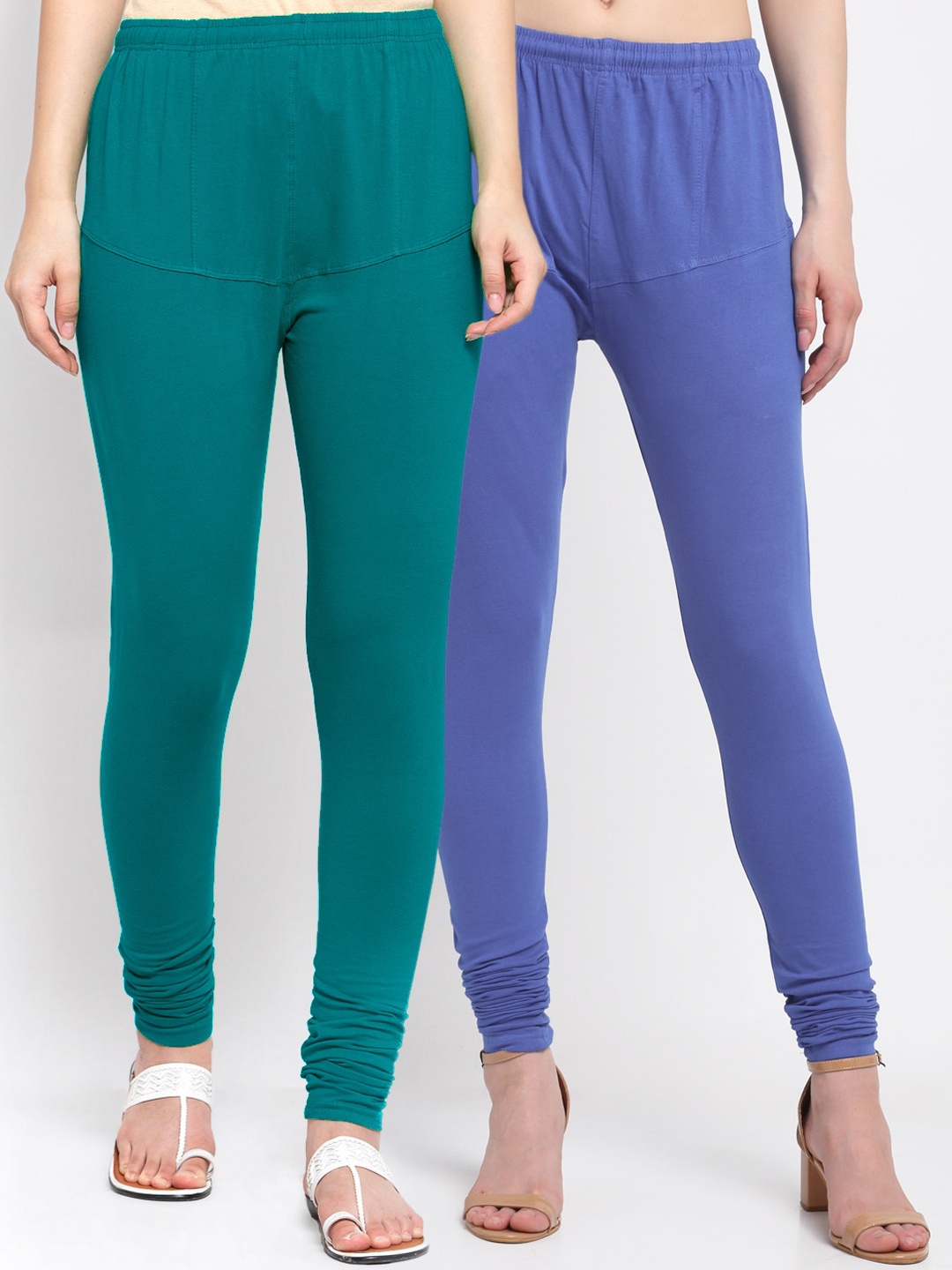 

KLOTTHE Women Pack Of 2 Blue & Green Solid Churidar-Length Cotton Leggings