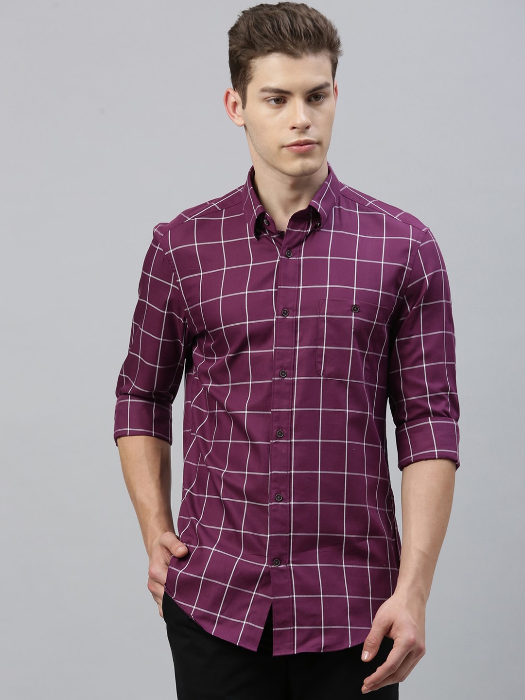 

RARE RABBIT Men Purple Tailored Fit Windowpane Checks Checked Casual Shirt