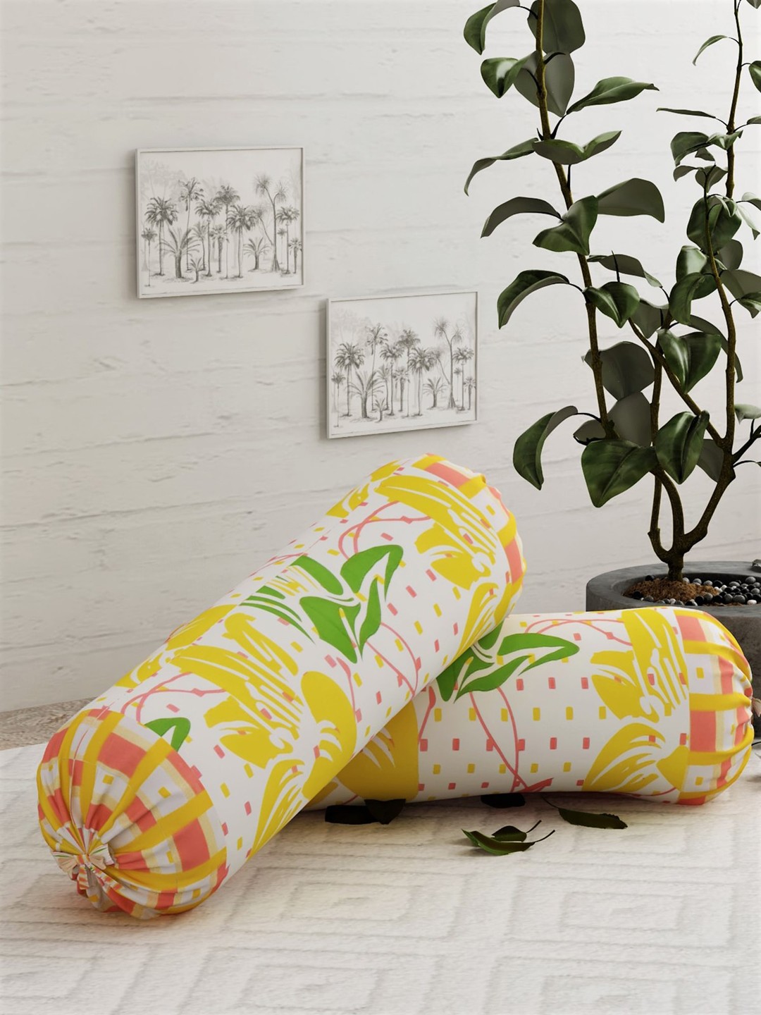 

Salona Bichona Set Of 2 Yellow & Green Printed 104 TC Bolster Covers
