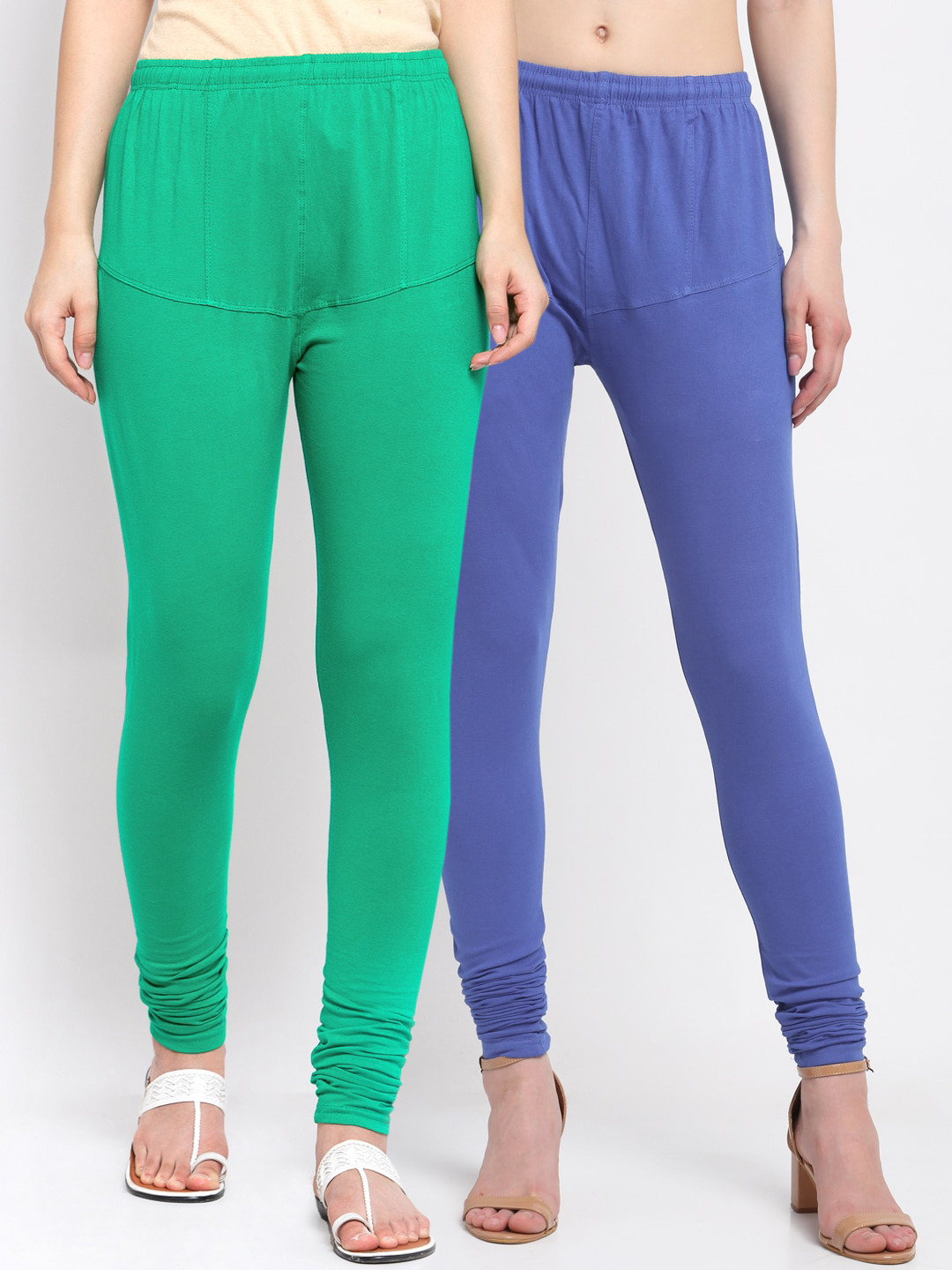 

KLOTTHE Women Pack Of 2 Blue & Green Solid Churidar-Length Cotton Leggings