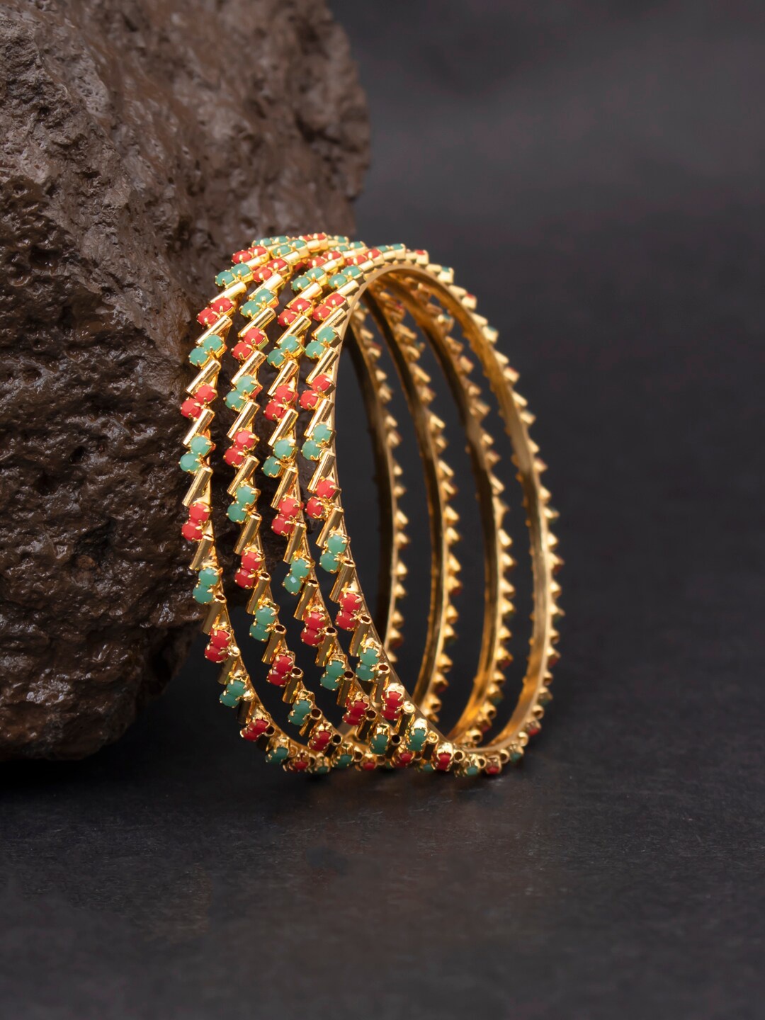Sukkhi Set Of 4 Gold-Plated Coral-Coloured Stone-Studded Bangles