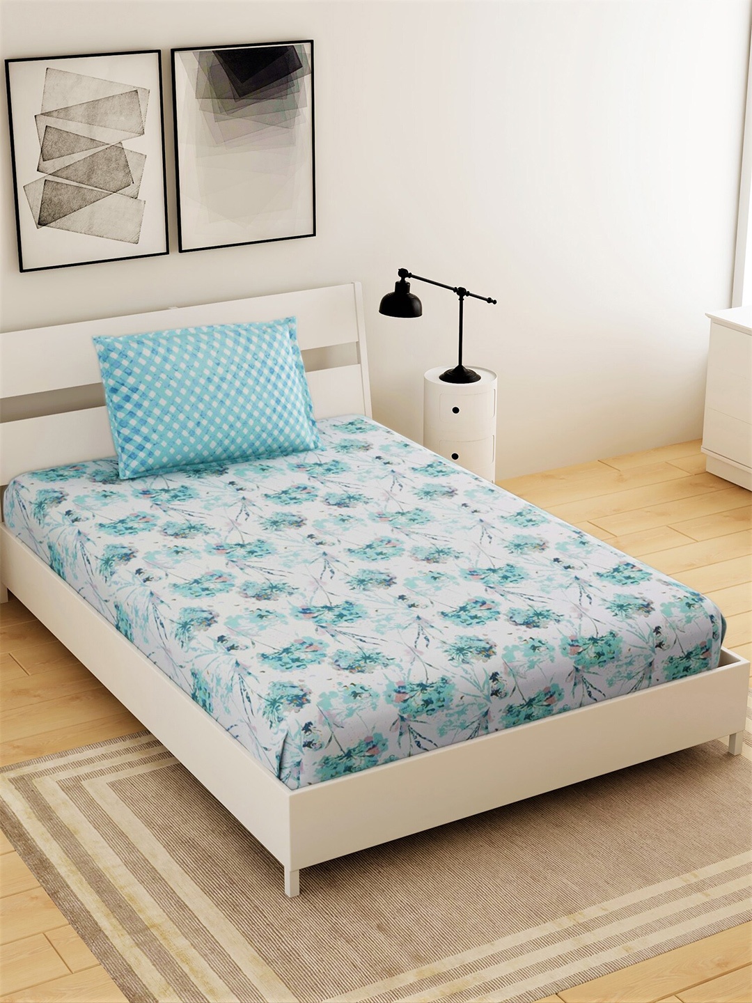 

Salona Bichona Blue & White 104 TC Single Bedsheet with 1 Pillow Covers