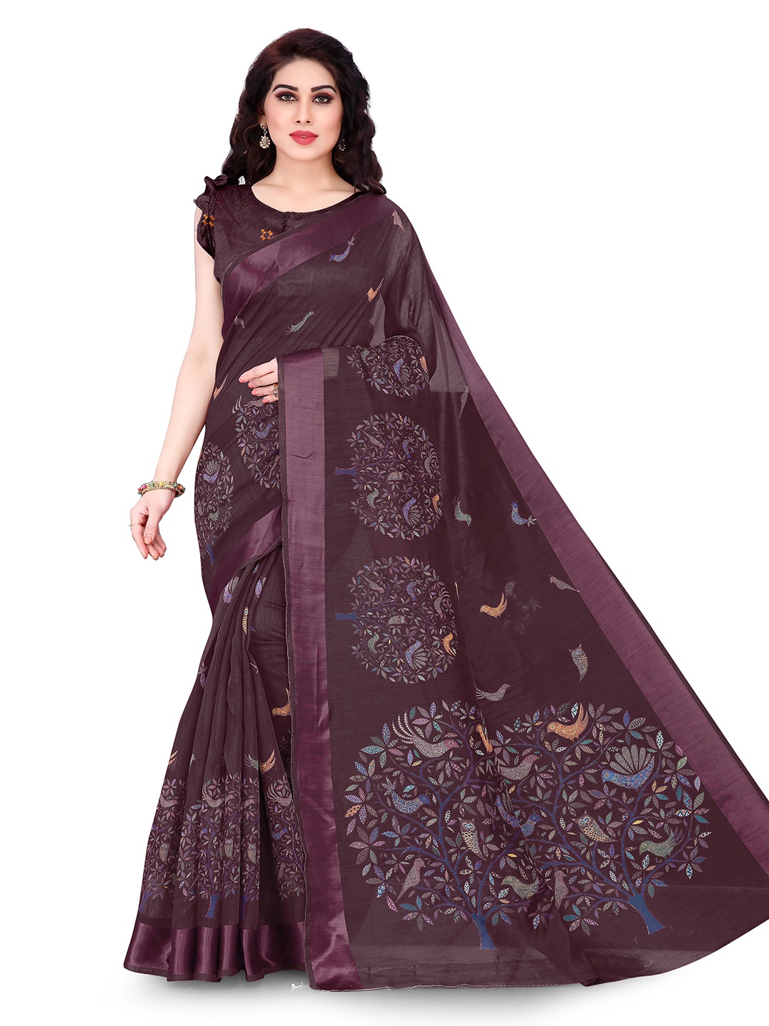 

KALINI Burgundy & Blue Block Print Saree