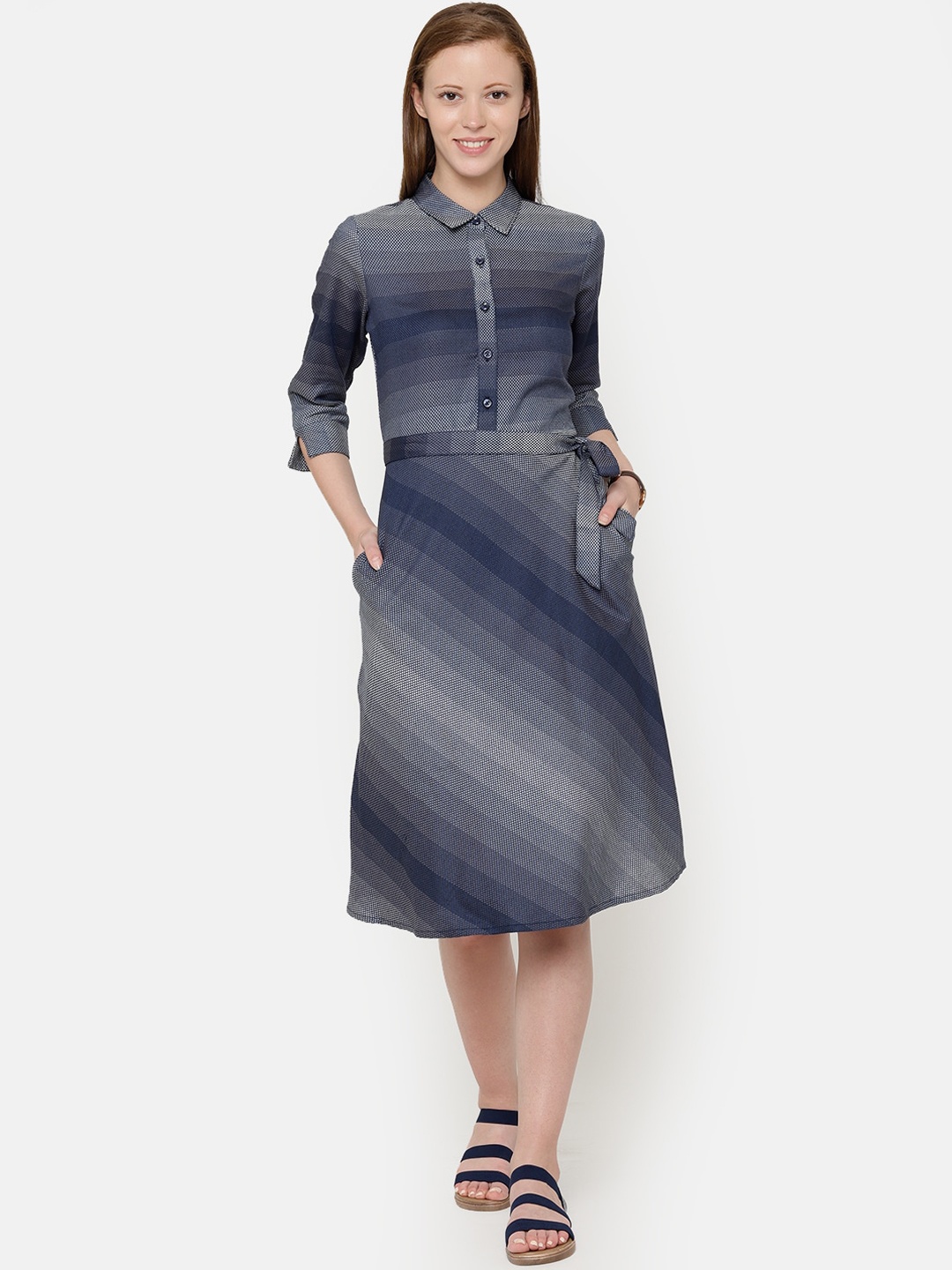 

CINNAMON CLOSET Blue & Grey Denim Pocket Shirt Midi Dress