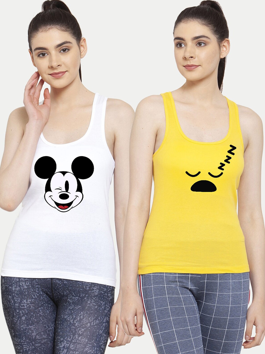 

Friskers Pack Of 2 White & Yellow Mickey Mouse Printed Tank Tops